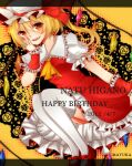  1girl ascot blonde_hair breasts crystal dated english_text flandre_scarlet floral_background frilled_shirt_collar frilled_skirt frilled_sleeves frills full_body hair_between_eyes hand_on_own_cheek hand_on_own_face happy_birthday hat hat_ribbon leaning_forward looking_at_viewer mary_janes medium_hair mob_cap multicolored_wings one_side_up open_mouth puffy_short_sleeves puffy_sleeves red_eyes red_footwear red_ribbon red_skirt red_vest ribbon rose_background shirotakiito shirt shoes short_sleeves skirt small_breasts smile solo teeth thighhighs thighs touhou upper_teeth_only vest white_headwear white_shirt white_thighhighs wings wrist_cuffs yellow_ascot yellow_background zettai_ryouiki 