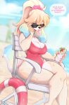  absurd_res anthro beach blue_eyes brown_body brown_fur canid canine claws clothing eyewear female finger_claws food fur hi_res holding_food holding_object looking_at_viewer mammal one-piece_swimsuit outside pink_claws rainbowscreen seaside solo speech_bubble sunglasses swimwear 