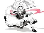  1girl apron arknights aw0lowa fighting_stance floating_hair gloves greyscale gun handgun high_ponytail highres holding holding_gun holding_sword holding_weapon irene_(arknights) irene_(voyage_of_feathers)_(arknights) juliet_sleeves long_hair long_sleeves maid maid_headdress monochrome pink_eyes puffy_sleeves shoes socks solo spot_color sword very_long_hair weapon 