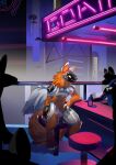  2023 anthro bar bar_stool bottle canid canine container detailed_background digitigrade duo furniture goathics hi_res machine male mammal neon_lights protogen protogen_visor sitting stool 