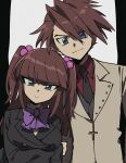  1boy 1girl black_necktie blue_eyes blunt_bangs bow bowtie cross hair_bobbles hair_ornament height_difference long_hair looking_at_viewer necktie purple_bow purple_bowtie red_hair sameyama_jiro serious smile suit two_side_up umineko_no_naku_koro_ni ushiromiya_ange ushiromiya_battler 