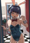  1girl absurdres animal_ears ass_visible_through_thighs audio_jack black_eyes blue_leotard blunt_bangs blush boku_no_hero_academia bow bowtie breasts bright_pupils covered_navel detached_collar fake_animal_ears guitar highleg highleg_leotard highres indoors instrument jirou_kyouka leotard long_earlobes looking_at_viewer playboy_bunny rabbit_ears red_bow red_bowtie short_hair small_breasts solo strapless strapless_leotard sweat traditional_bowtie white_pupils wrist_cuffs zd_(pixiv6210083) 