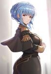  1girl ass black_jacket black_skirt blue_hair blunt_bangs braid breasts brown_eyes commentary_request cowboy_shot crown_braid fire_emblem fire_emblem:_three_houses garreg_mach_monastery_uniform gonzarez highres jacket large_breasts long_sleeves looking_at_viewer marianne_von_edmund short_hair skirt solo standing 