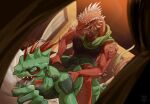  anthro bed biped detailed_background duo furniture green_body hi_res lizardman looking_back lying male male/male on_bed on_front open_mouth red_body scalie tenebscuro the_red_prince 