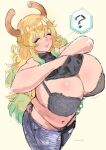  absurd_res animal_humanoid big_breasts blonde_hair blush bottomwear bra breasts cleavage clothed clothing clothing_lift curved_horn denim denim_clothing dragon dragon_humanoid female hair hi_res horn horned_humanoid huge_breasts humanoid jeans lace_bra lemonbizate_(artist) long_hair mature_female miss_kobayashi&#039;s_dragon_maid navel panties pants quetzalcoatl_(dragon_maid) shirt shirt_lift side_boob slightly_chubby solo thick_thighs thong topwear underwear wide_hips 
