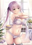  1girl black_thighhighs blush bra breasts brown_eyes clothes_lift grey_bra grey_panties indoors large_breasts lifted_by_self long_hair looking_at_viewer navel open_mouth original panties purple_hair solo stomach takano_yuki_(allegro_mistic) thighhighs twintails underwear undressing 