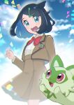  1girl :d black_hair blue_eyes blurry bow bowtie brown_jacket brown_skirt cloud commentary_request cowlick day hair_ornament hairclip hand_up highres jacket liko_(pokemon) long_sleeves looking_at_viewer looking_down mitsuha_(bless_blessing) open_clothes open_jacket open_mouth outdoors pokemon pokemon_(anime) pokemon_(creature) pokemon_sv_(anime) red_bow red_bowtie shirt skirt sky smile sprigatito teeth tongue upper_teeth_only white_shirt 