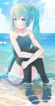  1girl ass_visible_through_thighs bare_shoulders black_thighhighs blue_eyes blue_hair blue_sky boots breasts cloud commentary_request hatsune_miku highres light_blush long_hair ocean school_swimsuit sky small_breasts solo swimsuit thigh_boots thighhighs thighs very_long_hair vocaloid yasuno-labo 