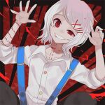  1boy androgynous black_background black_pants collared_shirt looking_at_viewer lowres male_focus miwasiba multicolored_background multiple_hairpins pants red_background red_eyes shirt short_hair smile solo suspenders suzuya_juuzou teeth tokyo_ghoul white_hair white_shirt 