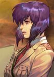  1girl brown_jacket collar ghost_in_the_shell ghost_in_the_shell_stand_alone_complex hungry_clicker jacket kusanagi_motoko military military_uniform parted_lips purple_hair red_eyes red_tie solo uniform white_collar 