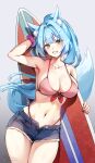  1girl animal_ear_fluff animal_ears arm_up bare_shoulders bikini blue_hair blue_shorts blush breasts cleavage collarbone fox_ears fox_tail foxyreine green_eyes highres large_breasts long_hair looking_at_viewer navel open_mouth original pink_bikini shorts sister_reine_(foxyrain) smile solo surfboard swimsuit tail thighs 
