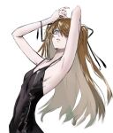  1girl absurdres armpits arms_up black_dress black_ribbon blue_eyes breasts dress from_side gawako hair_ribbon highres leaning_back long_hair looking_at_viewer neon_genesis_evangelion parted_lips ribbon sketch sleeveless sleeveless_dress small_breasts solo souryuu_asuka_langley two_side_up upper_body very_long_hair white_background 