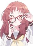  1girl blush bright_pupils closed_mouth commentary_request glasses ixy long_sleeves looking_at_viewer medium_hair mie_ai neckerchief red-framed_eyewear red_hair red_sailor_collar sailor_collar school_uniform serafuku simple_background solo sukinako_ga_megane_wo_wasureta upper_body white_background white_pupils yellow_neckerchief 