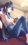  1girl absurdres alarm_clock armpits blue_eyes blue_hair blunt_bangs breasts chandelier clock couch denim dotthebot earrings feet_out_of_frame hair_intakes highres hololive hololive_english jeans jewelry knee_up large_breasts long_hair looking_at_viewer official_alternate_costume on_couch ouro_kronii ouro_kronii_(3rd_costume) pants sideboob sitting torn_clothes torn_jeans torn_pants very_long_hair virtual_youtuber 