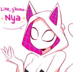  1girl absurdres animal_ears bodysuit breasts cat_ears coffiegoth english_text facing_viewer fake_animal_ears hand_up highres hood hood_up hooded_bodysuit marvel medium_breasts nyan simple_background solo sparkle speech_bubble spider-gwen spider-man:_into_the_spider-verse spider-man_(series) superhero white_background 