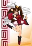  boots brown_eyes brown_hair china_dress chinese_clothes dress guilty_gear guilty_gear_x hair_ornament hairclip kinomin kuradoberi_jam long_hair lowres one_eye_closed red_dress standing standing_on_one_leg 