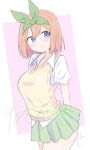  1girl blue_eyes blush breasts brown_hair closed_mouth collared_shirt commentary_request eyebrows_hidden_by_hair go-toubun_no_hanayome green_ribbon green_skirt hair_between_eyes hair_ribbon kujou_karasuma looking_at_viewer medium_breasts nakano_yotsuba pink_background pleated_skirt ribbon shirt short_sleeves signature skirt smile solo sweater_vest two-tone_background white_background white_shirt 