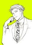  1boy animal_print collared_shirt highres jujutsu_kaisen leopard_print long_sleeves looking_at_viewer male_focus nanami_kento necktie shirt short_hair solo suit upper_body yellow_background yoreyore 