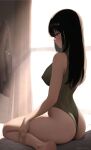  1girl absurdres ass bare_shoulders black_hair covered_nipples dgkamikaze from_behind girls&#039;_frontline highleg highleg_leotard highres leotard leotard_sweater long_hair looking_to_the_side m4a1_(girls&#039;_frontline) multicolored_hair on_bed sitting sleeveless_turtleneck_leotard streaked_hair striped vertical_stripes wariza 