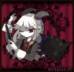  1girl artist_name ball_and_chain_(weapon) demon_girl demon_horns demon_wings flail formal funamusea haiiro_teien hair_between_eyes holding holding_flail horns long_hair long_sleeves looking_at_viewer multiple_wings necktie one_eye_closed otogiccochan pale_skin red_eyes red_necktie reficul_(haiiro_teien) shirt solo spike_ball spiked_ball_and_chain suit weapon white_hair wings 