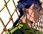  1boy against_fence blue_hair chain-link_fence cigarette collared_shirt cu_chulainn_(fate) earrings fate_(series) fence hal_(haaaalhal) jewelry long_hair male_focus mouth_hold ponytail red_eyes shirt signature silver_earrings smoke smoking solo upper_body white_background 