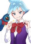  1boy adjusting_bowtie arutarika_(ri_kaoekaki) beldum blush bow bowtie buttons collared_shirt commentary_request grey_eyes grin hands_up highres long_sleeves male_focus pokemon pokemon_(creature) pokemon_(game) pokemon_oras purple_vest red_bow red_bowtie shirt short_hair simple_background smile steven_stone teeth upper_body vest white_background white_shirt 