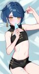  1boy bare_shoulders bikini black_bikini blue_background blue_eyes blue_hair cowboy_shot crop_top earrings food genshin_impact hand_in_own_hair hands_in_hair highres holding holding_hair jewelry looking_at_viewer male_focus midriff navel otoko_no_ko popsicle rrr_gns_(riuriu_1212) short_hair short_shorts shorts simple_background single_earring solo stomach swimsuit tassel tassel_earrings xingqiu_(genshin_impact) yellow_eyes 