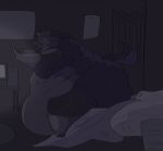  anthro bedroom belly big_belly big_butt bodily_fluids butt canid fanofblimp hi_res huge_butt male mammal monochrome morbidly_obese morbidly_obese_anthro morbidly_obese_male obese obese_anthro obese_male overweight overweight_anthro overweight_male solo struggling sweat 