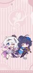  2girls :d ahoge alternate_costume black_dress blue_flower chibi closed_mouth colored_inner_hair crown dress flower guitar hair_flower hair_ornament high_ponytail highres holding holding_instrument honkai_(series) honkai_impact_3rd instrument kiana_kaslana kiana_kaslana_(herrscher_of_finality) looking_at_viewer multicolored_hair multiple_girls official_art official_wallpaper one_eye_closed open_mouth ponytail purple_eyes raiden_mei simple_background smile star-shaped_pupils star_(symbol) symbol-shaped_pupils violin white_dress white_hair 