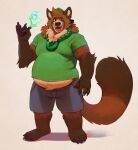  2023 anthro belly bottomwear brown_body brown_fur canid canine cariboops clothing fur humanoid_hands magic male mammal overweight overweight_male raccoon_dog shirt shorts simple_background solo tanuki topwear 