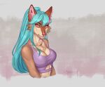  absurd_res anthro aria_(ariagoldberry) ariagoldberry artist_name blue_hair breasts canid canine canis cheek_tuft clothing digital_media_(artwork) ear_piercing ear_ring eyebrows eyelashes facial_tuft female fur hair hi_res inner_ear_fluff long_hair looking_at_viewer mammal piercing pink_eyes pink_nose ponytail portrait ring_piercing simple_background solo tan_body tan_fur topwear tuft wolf 