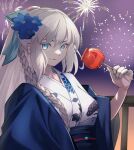  1girl absurdres black_kimono blue_bow blue_eyes bow braid candy_apple fate/grand_order fate_(series) floral_print flower food french_braid genshu_doki grey_hair grey_kimono hair_bow hair_flower hair_ornament highres japanese_clothes kimono layered_clothes layered_kimono long_hair long_sleeves looking_at_viewer morgan_le_fay_(fate) obi ponytail sash sidelocks smile solo very_long_hair wide_sleeves 