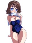  1girl blue_eyes blue_one-piece_swimsuit breasts brown_hair cleavage clothes_pull commentary_request covered_mouth covered_navel kikuchi_tsutomu large_breasts looking_at_viewer love_live! love_live!_sunshine!! off_shoulder one-piece_swimsuit one-piece_swimsuit_pull short_hair simple_background sitting solo swimsuit towel towel_around_neck watanabe_you white_background 