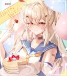  1girl :3 ayanami_(azur_lane) ayanami_(retrofit)_(azur_lane) azur_lane balloon bandaid bandaid_on_shoulder black_choker blonde_hair blue_sailor_collar blush cake choker crossed_bangs food fork fruit hands_up happy_birthday high_ponytail highres holding holding_fork holding_plate long_hair looking_at_viewer neckerchief orange_eyes plate recording sailor_collar sidelocks solo star_(symbol) strawberry upper_body xiongshouji yellow_neckerchief 