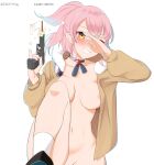  1girl absurdres areola_slip blush bottomless breasts brown_jacket choker collarbone covering_one_eye dallim flag flower flower_in_gun girls&#039;_frontline groin gun hand_up handgun highres holding holding_gun holding_weapon jacket korean_text leg_up looking_at_viewer medium_breasts medium_hair mole mole_under_eye mp-443_(girls&#039;_frontline) mp443 naked_jacket navel open_clothes open_jacket orange_eyes out-of-frame_censoring pink_hair ponytail ribbon shoe_soles shoes simple_background smile socks solo stomach teeth translation_request weapon white_background white_flag white_socks 