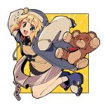  1boy :d androgyne_symbol blush bridget_(guilty_gear) clip_studio_paint_(medium) cuffs guilty_gear guilty_gear_strive handcuffs hood hood_up hooded_jacket itsuka_neru jacket jumping looking_at_viewer midair open_mouth simple_background smile solo stuffed_animal stuffed_toy teddy_bear white_background yellow_background 