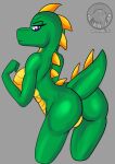  2017 anthro belly_scales breasts butt countershade_crotch countershade_torso countershading digital_media_(artwork) dragon featureless_breasts featureless_crotch female green_body green_scales green_skin grey_background justathereptile looking_at_viewer non-mammal_breasts nude nude_anthro nude_female purple_eyes rear_view reptile scales scalie scutes simple_background smile solo tail unnamed_character watermark 