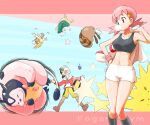  1boy 1girl absurdres animal_ears backwards_hat baseball_cap breasts chewing_gum closed_eyes collarbone cow_ears cow_horns crop_top ethan_(pokemon) feathers hat highres horns midriff miltank navel open_mouth pidgeotto pink_hair pokemon pokemon_(game) pokemon_gsc potion_(pokemon) quilava rollout_(pokemon) sentret shorts star_(symbol) u4_99384295 white_shorts whitney_(pokemon) wings wristband 
