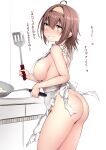  1girl absurdres apron areola_slip ass blush breasts brown_hair cooking egg_(food) food frilled_apron frills grin hair_between_eyes hairband heart heart-shaped_pupils highres holding holding_spatula kantai_collection kuromayu looking_at_viewer naked_apron nude shiratsuyu_(kancolle) sideboob simple_background smile solo spatula sweat symbol-shaped_pupils translation_request white_apron white_background 