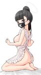  1girl apron ass barefoot black_eyes black_hair black_mask blue_archive chuo8008 frilled_apron frills halo high_ponytail highres long_hair mask mouth_mask naked_apron simple_background soles solo sukeban_(smg)_(blue_archive) surgical_mask toes white_apron white_background 