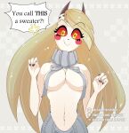  absurd_res blonde_hair breasts charlie_morningstar clothed clothing demon demon_humanoid female genitals hair hazbin_hotel hi_res horn humanoid monster partially_clothed red_eyes rzrcrshtr simple_background smile solo thick_thighs white_body 