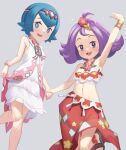  2girls acerola_(pokemon) acerola_(sygna_suit)_(pokemon) arm_up armlet blue_eyes blue_hair bracelet bright_pupils commentary_request dress flipped_hair flower gazing_eye grey_background hair_flower hair_ornament hairband highres holding_hands jewelry knees lana_(pokemon) lana_(sygna_suit)_(pokemon) leg_up looking_at_viewer looking_down medium_hair multiple_girls navel necklace no_sclera official_alternate_costume pink_hairband pokemon pokemon_(game) pokemon_masters_ex purple_hair red_flower red_skirt sandals shirt short_hair simple_background skirt sleeveless sleeveless_shirt sweatdrop topknot white_dress white_pupils white_shirt 