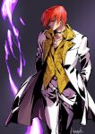  1boy absurdres belt black_choker choker coat collarbone cowboy_shot crescent_necklace hair_over_one_eye hands_in_pockets highres jewelry long_coat long_sleeves looking_at_viewer loose_belt male_focus necklace pants red_hair short_hair signature solo standing strikebeagle the_king_of_fighters vest waistcoat white_coat white_pants yagami_iori yellow_vest 