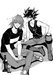  2boys absurdres alcohol angry beer belt black_hair blush boots bruno_(yu-gi-oh!) crossed_legs cup denim drunk facial_mark facial_tattoo fudou_yuusei greyscale grin hand_on_floor hand_on_own_leg highres holding holding_cup jeans knee_boots knee_pads male_focus marking_on_cheek monochrome multicolored_hair multiple_boys on_floor pants shirt shoes short_hair sitting smile sneakers spiked_hair streaked_hair t-shirt tank_top tattoo youko-shima yu-gi-oh! yu-gi-oh!_5d&#039;s 