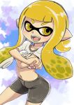  1girl bike_shorts black_shorts blonde_hair clothes_lift domino_mask fangs highres inkling inkling_girl lifted_by_self long_sleeves mask muramasa_mikado navel open_mouth pointy_ears shirt shirt_lift short_sleeves shorts smile solo splatoon_(series) suction_cups tentacle_hair thighs undressing white_shirt yellow_eyes 