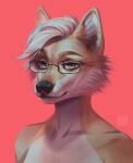  anthro artist_name black_nose bust_portrait canid canine cheek_tuft eyewear facial_tuft female fur glasses hair hi_res looking_at_viewer mammal marie_merkh mouth_closed narrowed_eyes nude portrait rectangular_glasses red_background short_hair simple_background solo tan_body tan_eyes tan_fur tuft white_body white_fur white_hair 