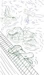 absurd_res alligator alligatorid anthro breast_size_difference breasts butt crocodilian discodemon female grate group hi_res monochrome partially_submerged reptile scalie sign sketch sketch_background tail wave 