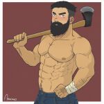  1boy abs amaimao arm_hair axe bara beard black_hair blush carrying_over_shoulder denim facial_hair highres holding holding_axe jeans large_pectorals long_beard looking_at_viewer male_focus mature_male muscular muscular_male navel navel_hair nipples original pants pectorals short_hair solo thick_eyebrows thick_mustache topless_male undercut woodcutter 