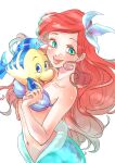  1girl ariel_(disney) fish flounder_(the_little_mermaid) flower green_eyes hair_flower hair_ornament happy highres long_hair looking_at_viewer misoko navel open_mouth red_hair shell shell_bikini simple_background teeth the_little_mermaid white_background 