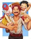  1girl 2boys abs age_difference aged_down bandaid bandaid_on_face black_hair black_ribbon carrying closed_eyes facial_hair father_and_daughter hair_over_one_eye hair_rings happy hat headphones highres long_hair low_twintails monkey_d._luffy multicolored_hair multiple_boys oekakiboya one_eye_covered one_piece one_piece_film:_red open_clothes open_mouth red_hair red_sash ribbon sash scar scar_across_eye scar_on_face shanks_(one_piece) shirt short_hair simple_background smile standing straw_hat twintails two-tone_hair uta_(one_piece) white_shirt 